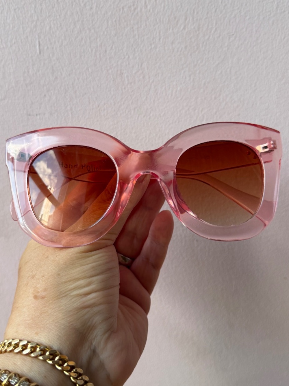 VINTAGE OVERSIZED CLEAR BUBBLEGUM PINK FRAME SMOKY LENCES HAND POLISH SUNGLASSES